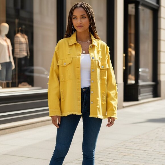 Urban Chic‎ Yellow Distressed Oversized Cotton Blend Denim Jacket Streetwear Lg - Picture 7 of 10